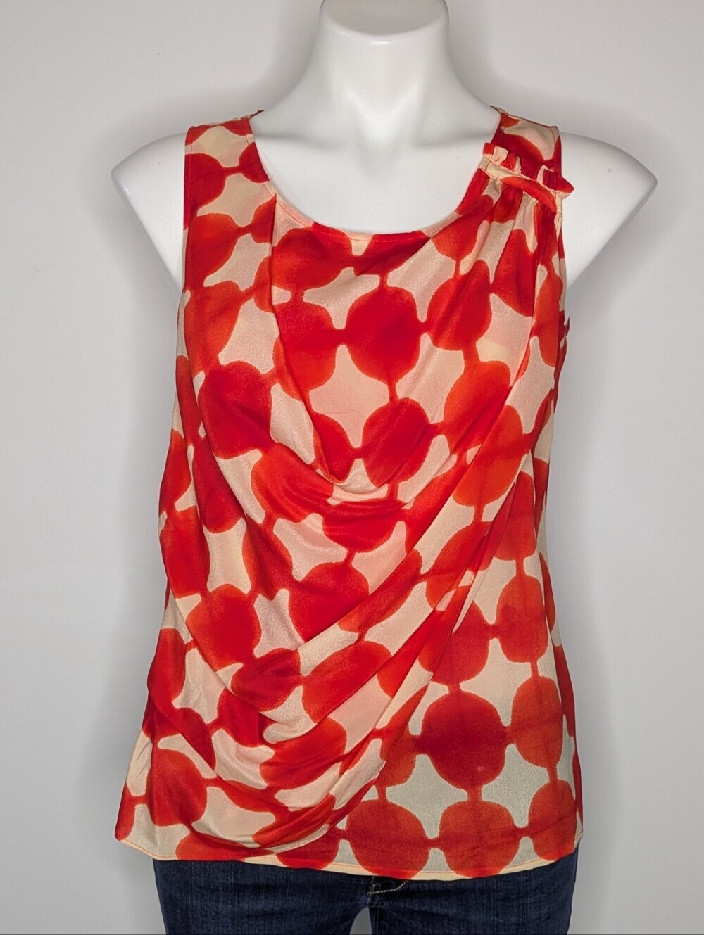 Anthro Maeve Orange/Red Cream Geometric Silk Sheer Gathered Tank Top Blouse 0